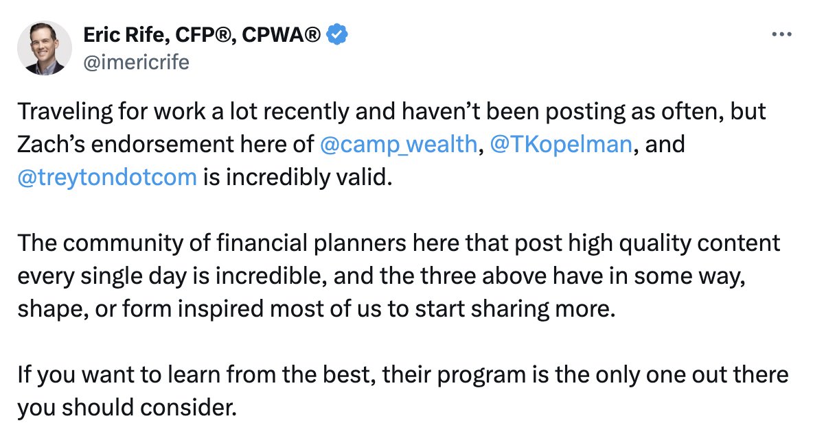 Traveling for work a lot recently and haven’t been posting as often, but Zach’s endorsement here of @camp_wealth , @TKopelman , and @treytondotcom is incredibly valid.
